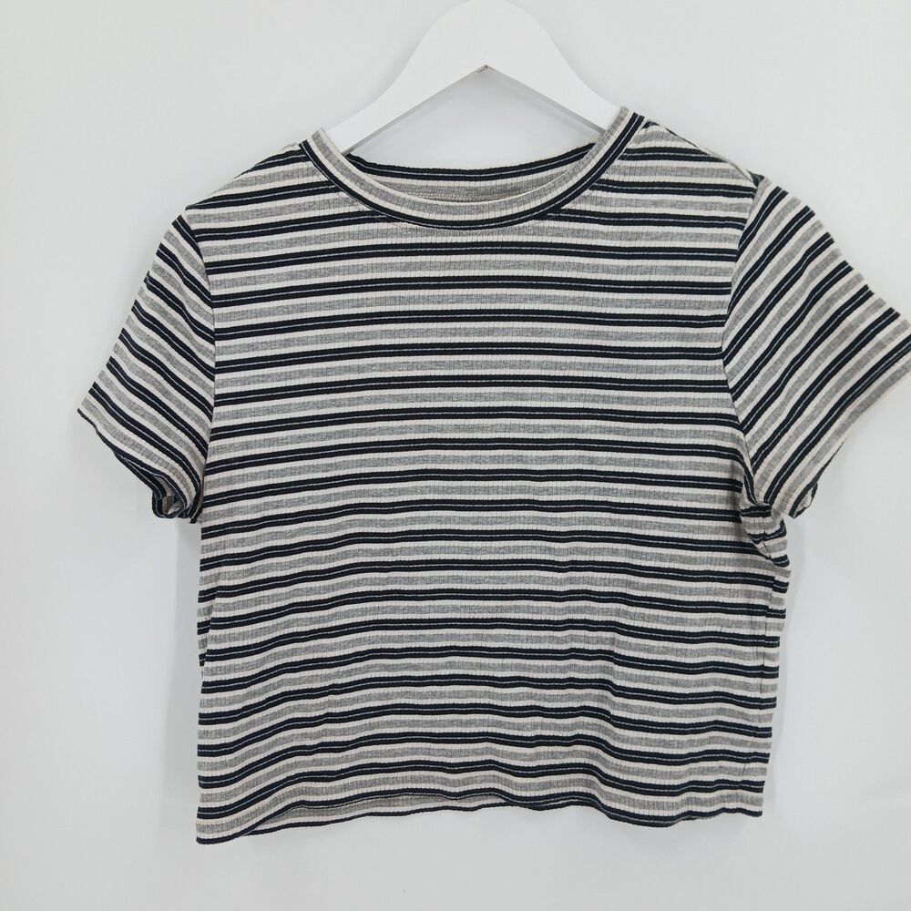 H&M Divided Womens Size XL Striped Ribbed Knit Short Sleeve Crop Top Black White